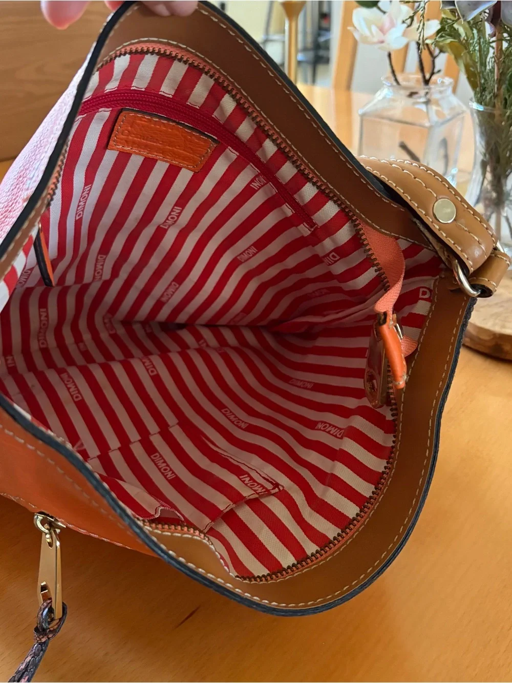 Dimoni Orange Leather Crossbody Bag with Tan Strap